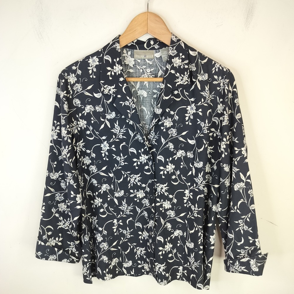 Cutter & Buck Silk Floral Blouse Womens Medium Button Up Black White 3/4 Sleeve